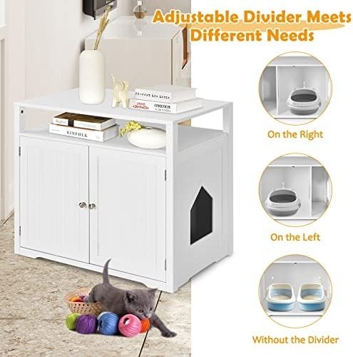 Modern Cat Litter Box Enclosure with 2 Holes, Doors & Side Table