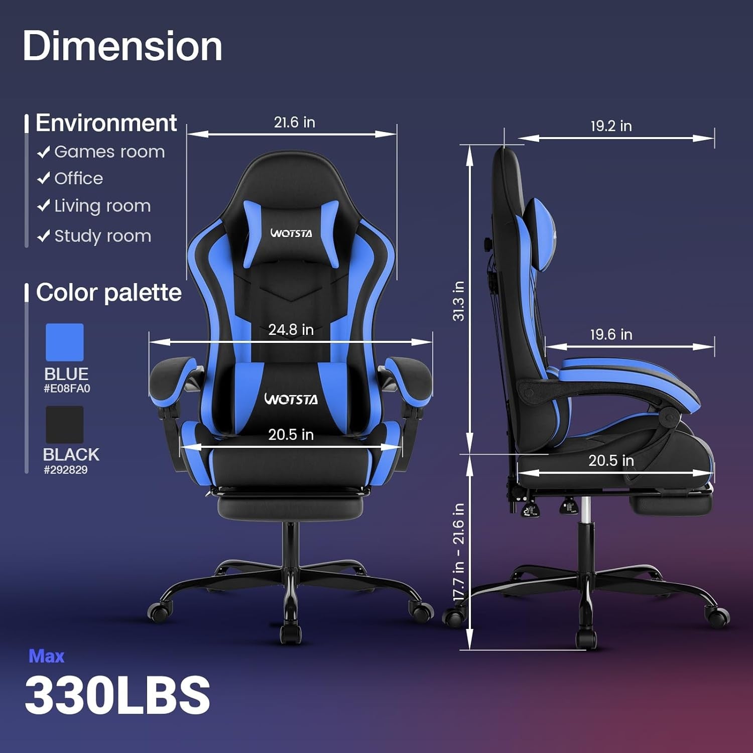 Ergonomic Gaming Chair with Footrest & Lumbar Support – Black Blue PC Seat