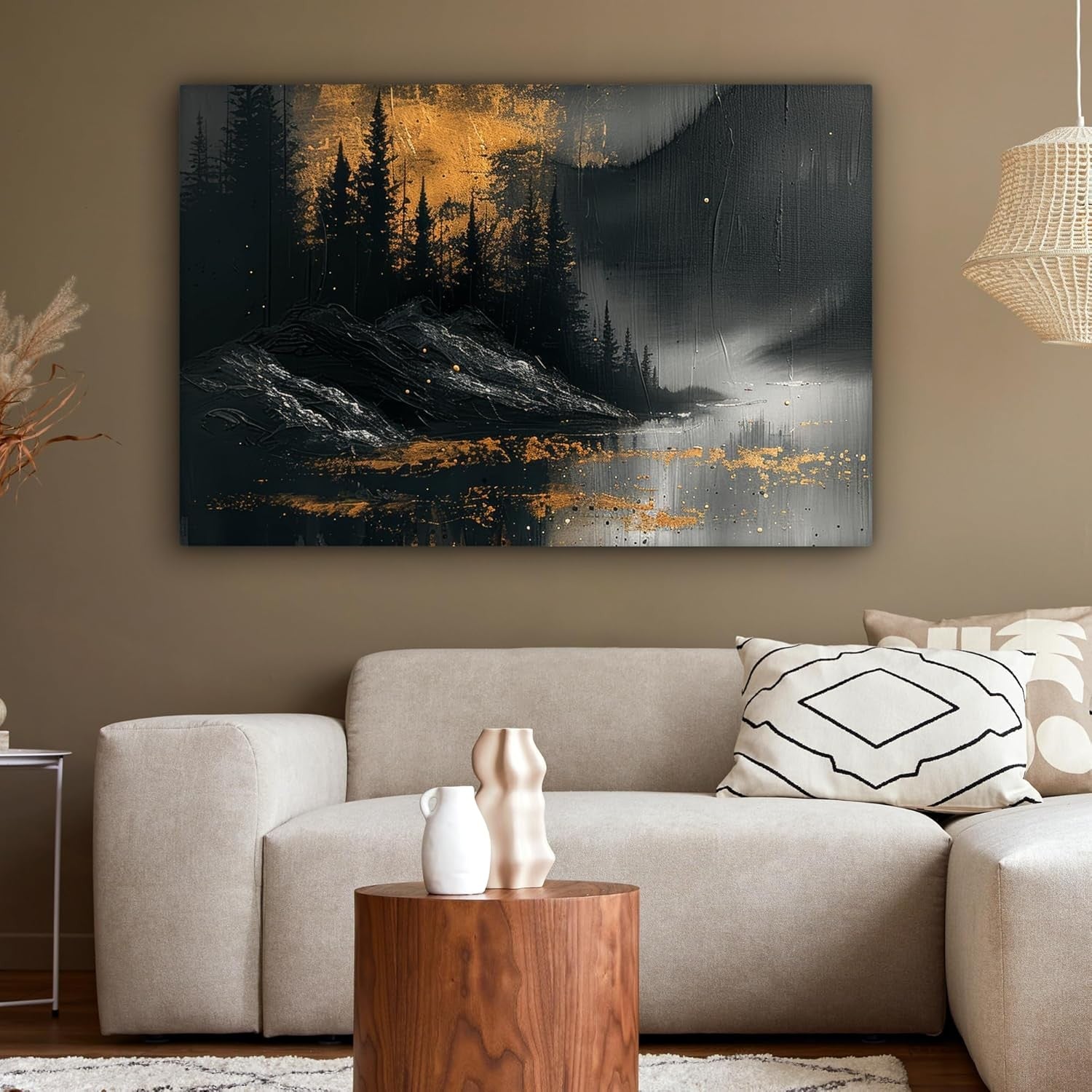 Large Forest Canvas Wall Art 120x80cm Black Gold Modern Nature Decor