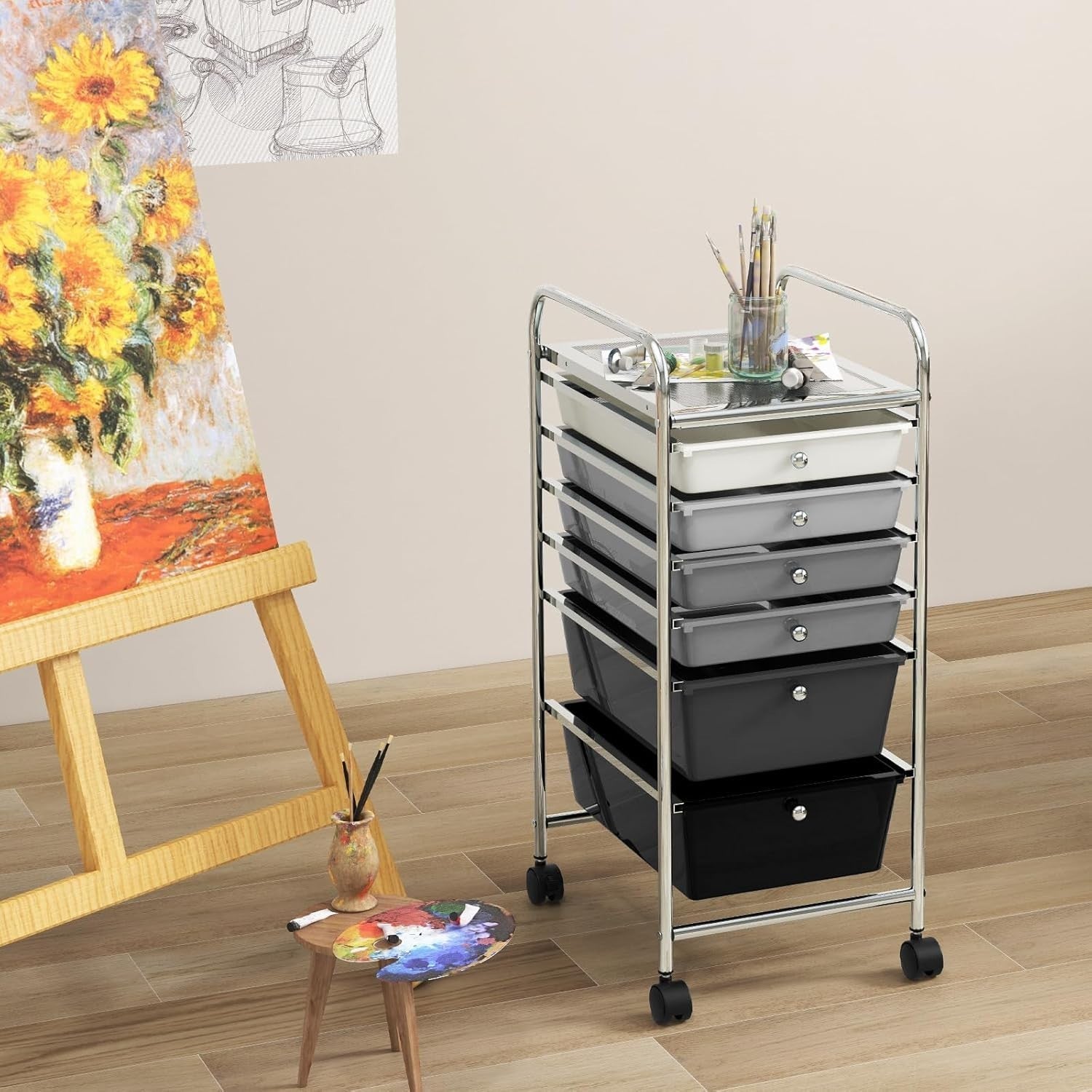 6 Drawer Rolling Storage Cart Utility Trolley Organizer Lockable Wheels