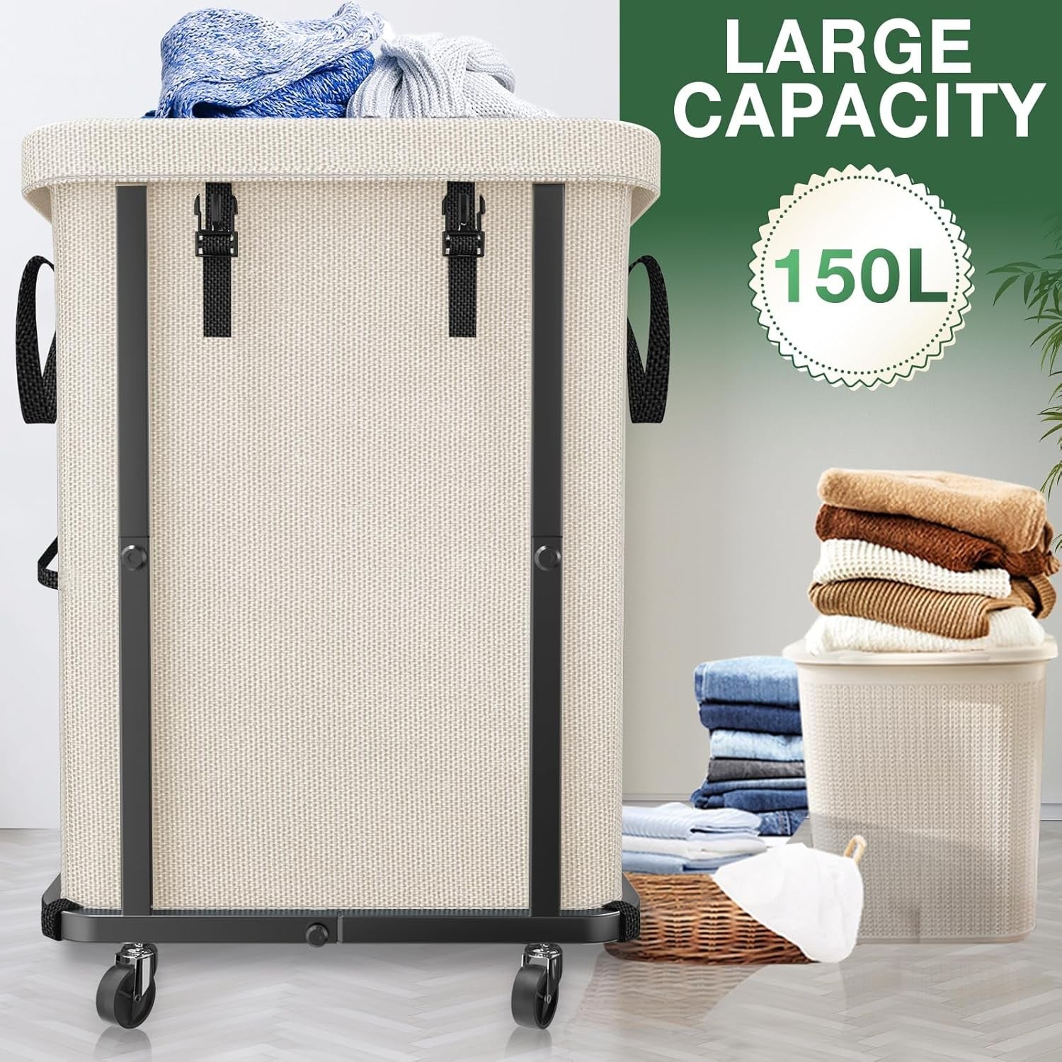 150L Large Rolling Laundry Hamper with Wheels Heavy Duty Laundry Cart White