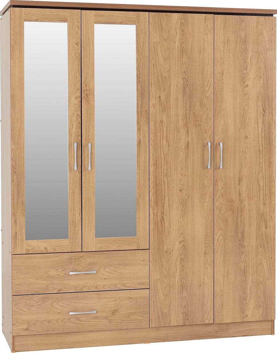 4 Door Mirrored Wardrobe Oak Effect Storage Drawers Modern Bedroom