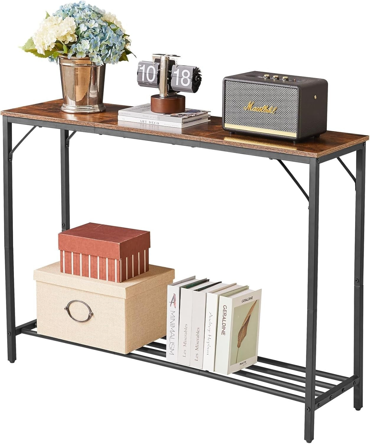 Rustic Brown Slim Console Table 107cm Metal Frame Sofa Hallway Table