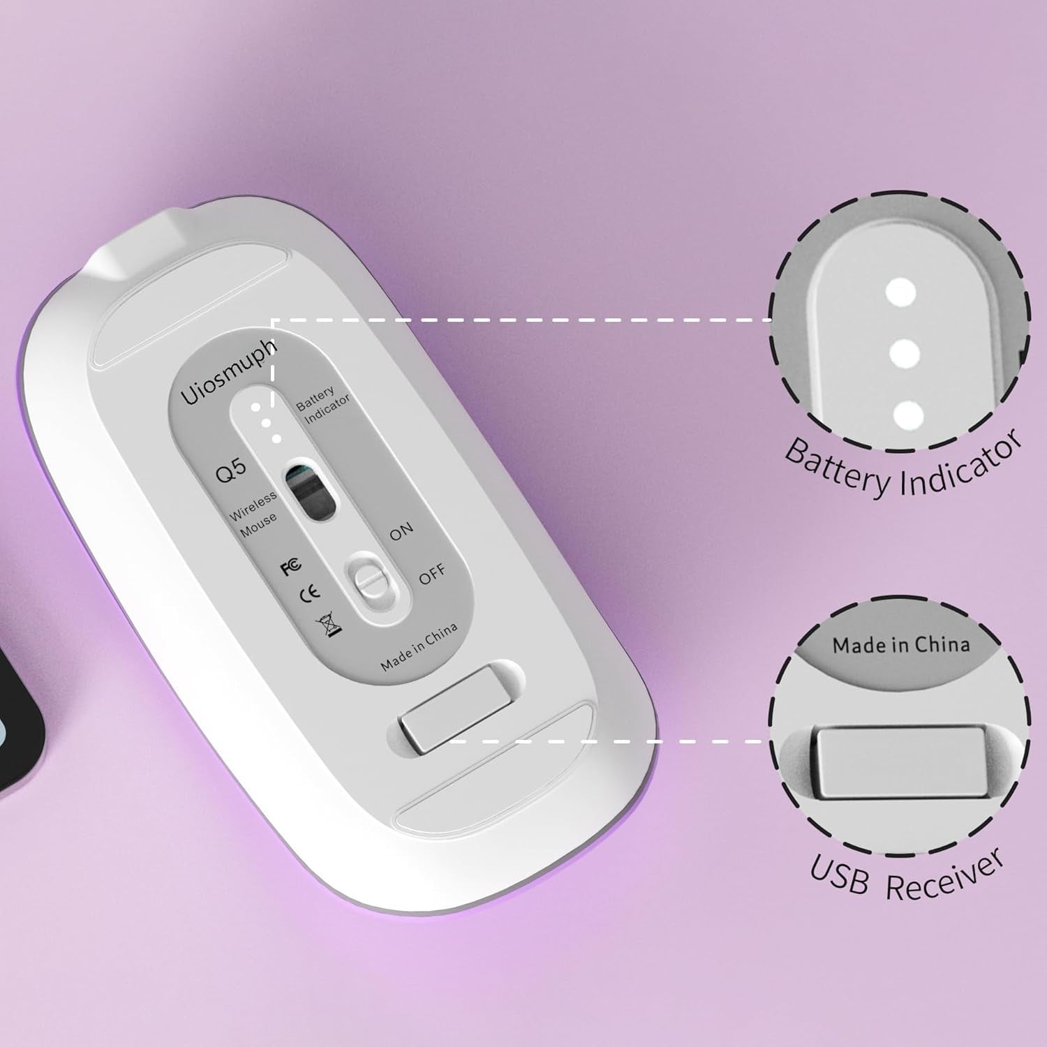 Portable Wireless Mouse Silent Rechargeable 2.4G 1600 DPI Purple