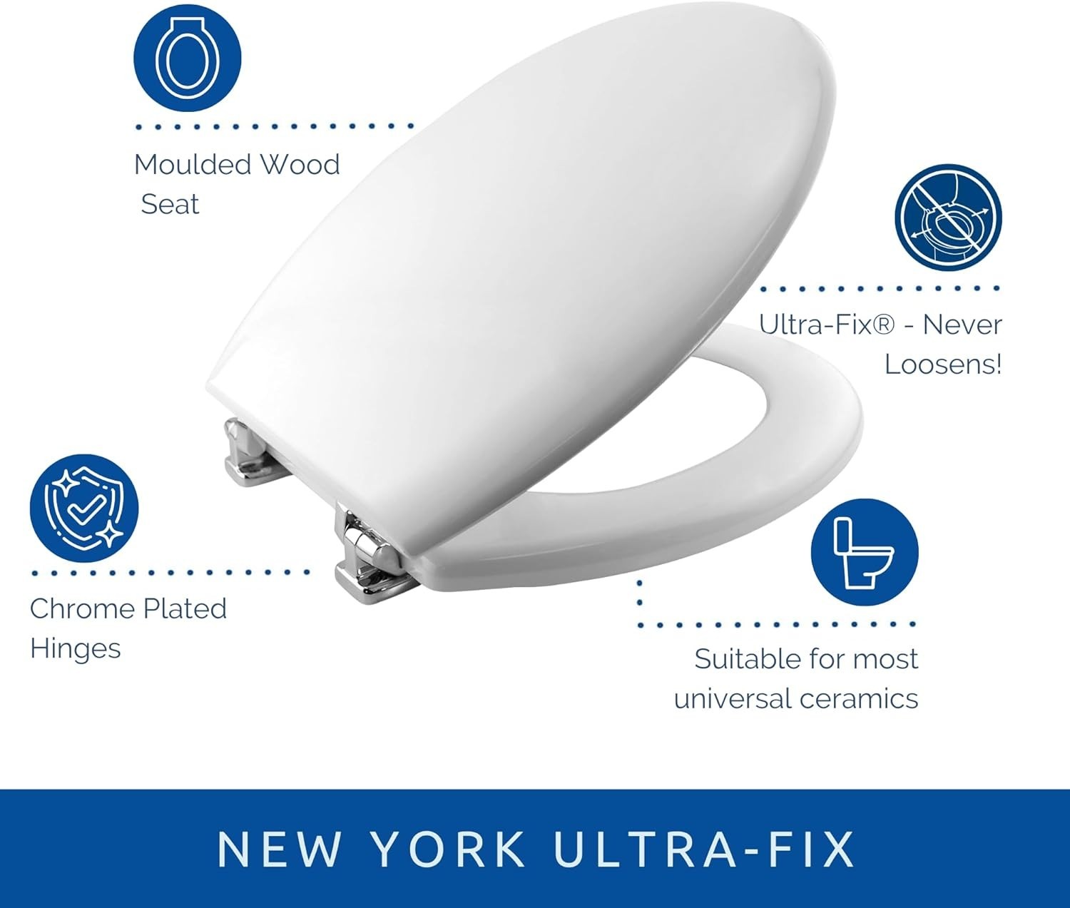 New York Ultra-Fix White Wooden Toilet Seat | Gloss Finish | Chrome Hinges
