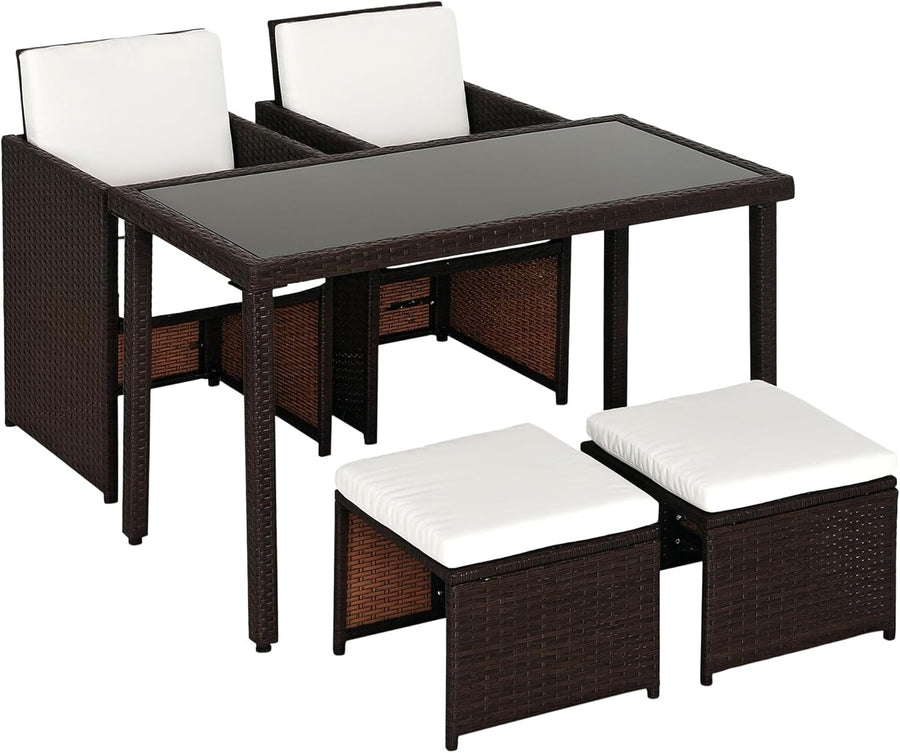 Space Saving Rattan Dining Set 4PC Cube Chairs Glass Table Patio Balcony