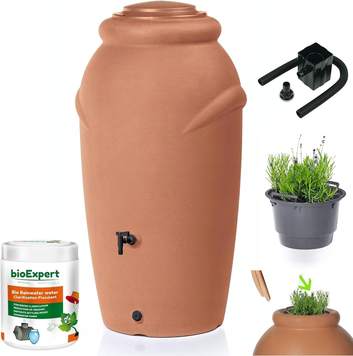 210L Amphora Water Butt With Tap Diverter Bio Cleaner Terracotta Garden