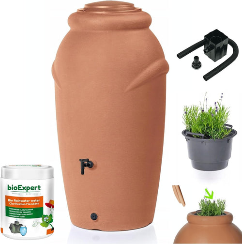210L Amphora Water Butt With Tap Diverter Bio Cleaner Terracotta Garden