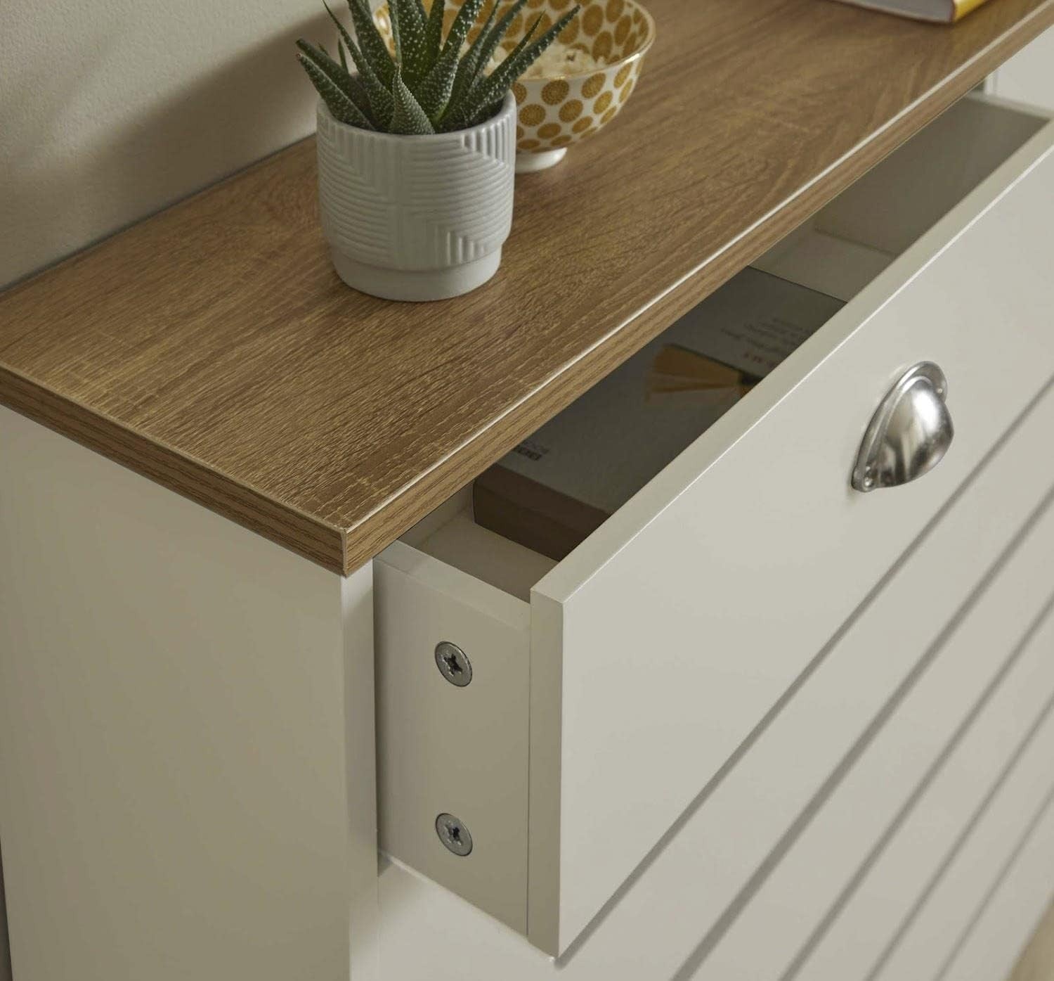 Cream Radiator Cover 150x19x96cm MDF Heating Cabinet | 3 Drawer Horizontal Slat