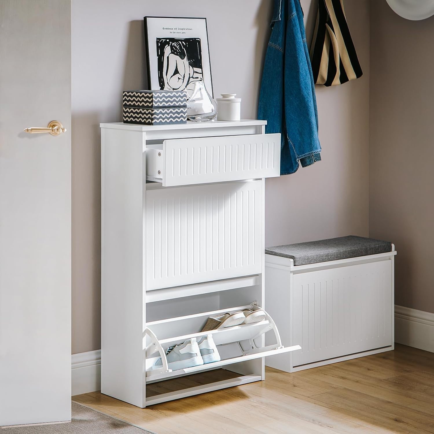 Slim Shoe Cabinet Storage Unit – 2 Flip Drawers, Pull-Out, Narrow Hallway Organi