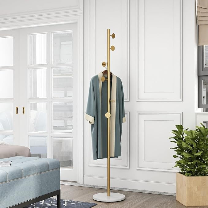 Gold Metal Coat Rack with Marble Base | Freestanding Hall Tree for Clothes & Bag