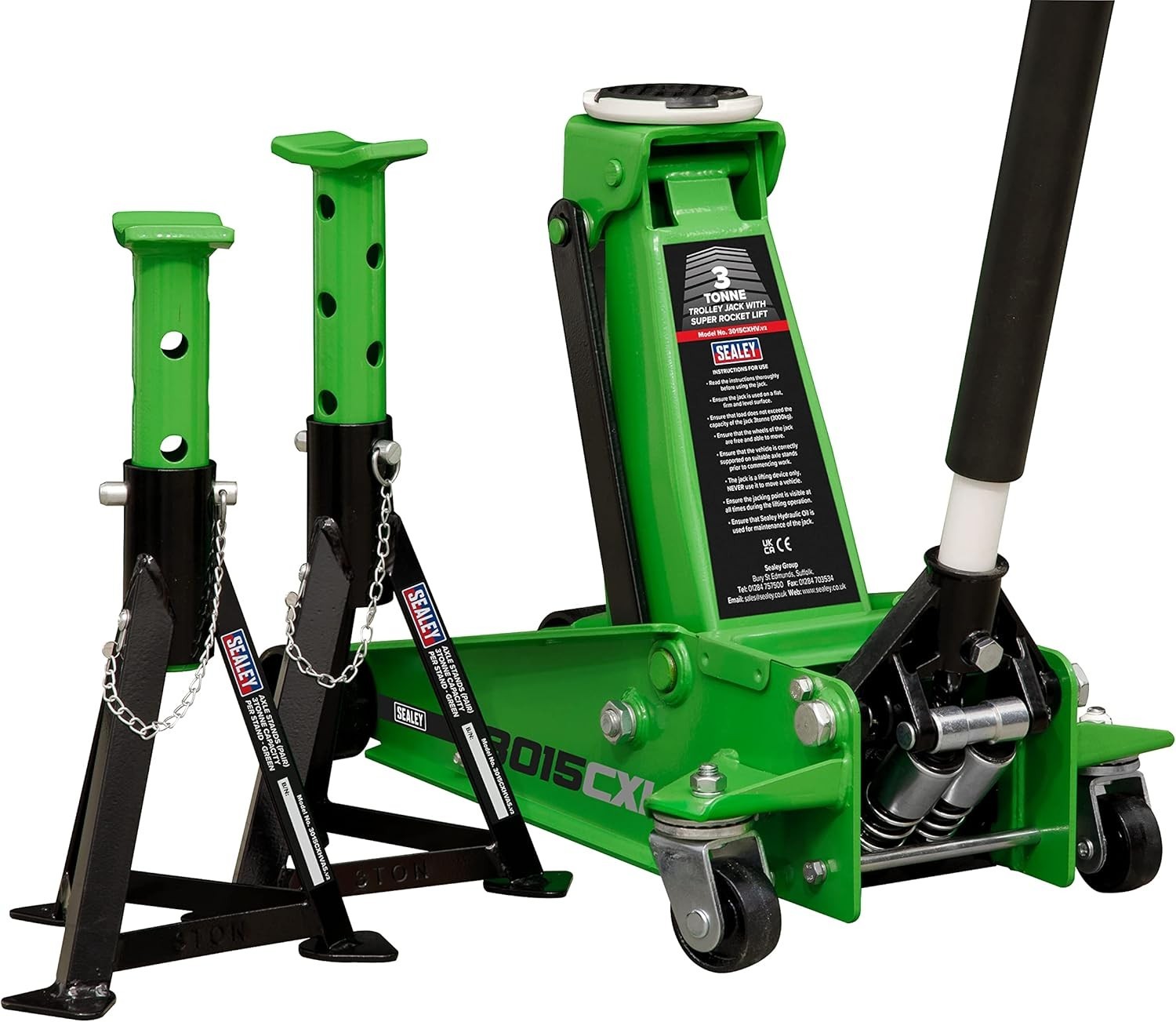 3 Ton Trolley Jack Super Rocket Lift + 3T Axle Stands Heavy Duty Set 120–456mm