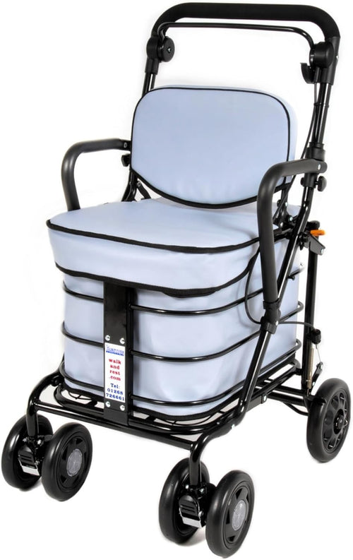 Shopping Trolley With Seat & Armrests | Walking Aid | Locking Brake | Sky Blue
