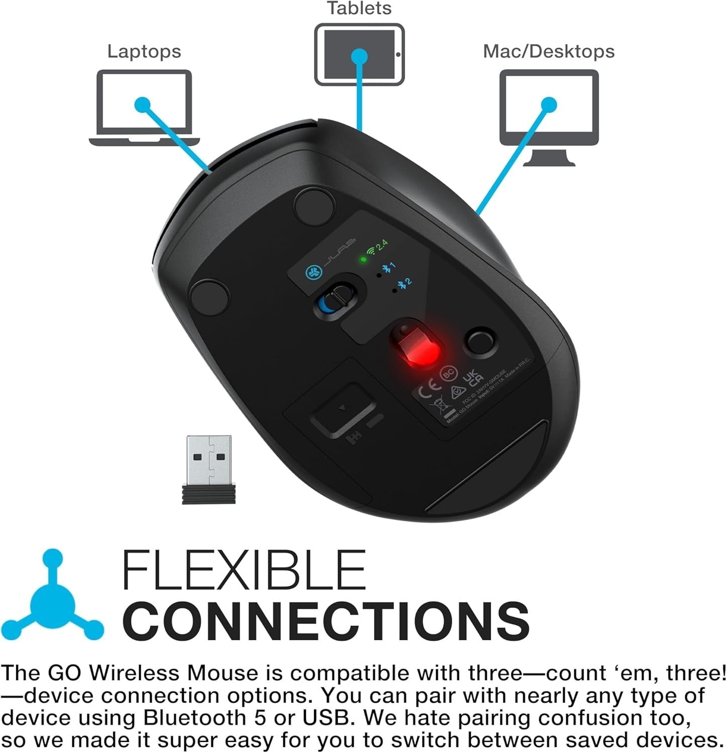 Wireless Bluetooth Mouse Tri-Mode Silent Ergonomic USB Dongle