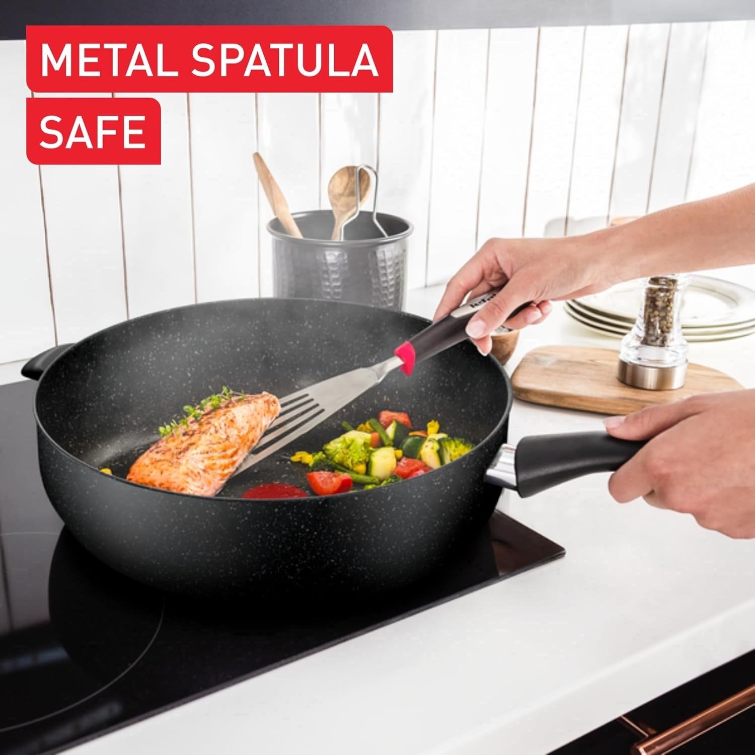 26cm Stone Black Non Stick Durable Coating Saute Pan with Lid Induction Safe