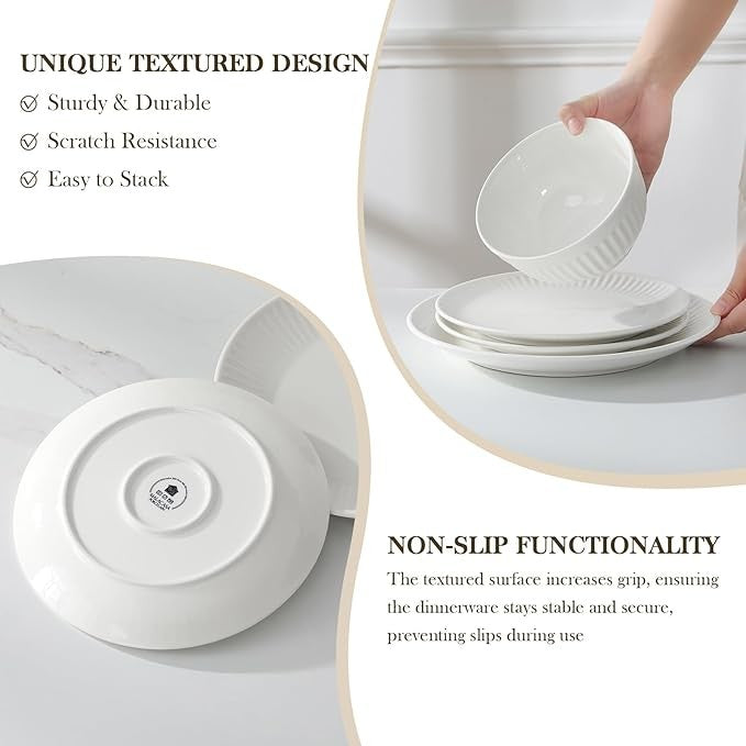 12 Piece White Porcelain Dinner Set for 4 Embossed Plates Bowls Set