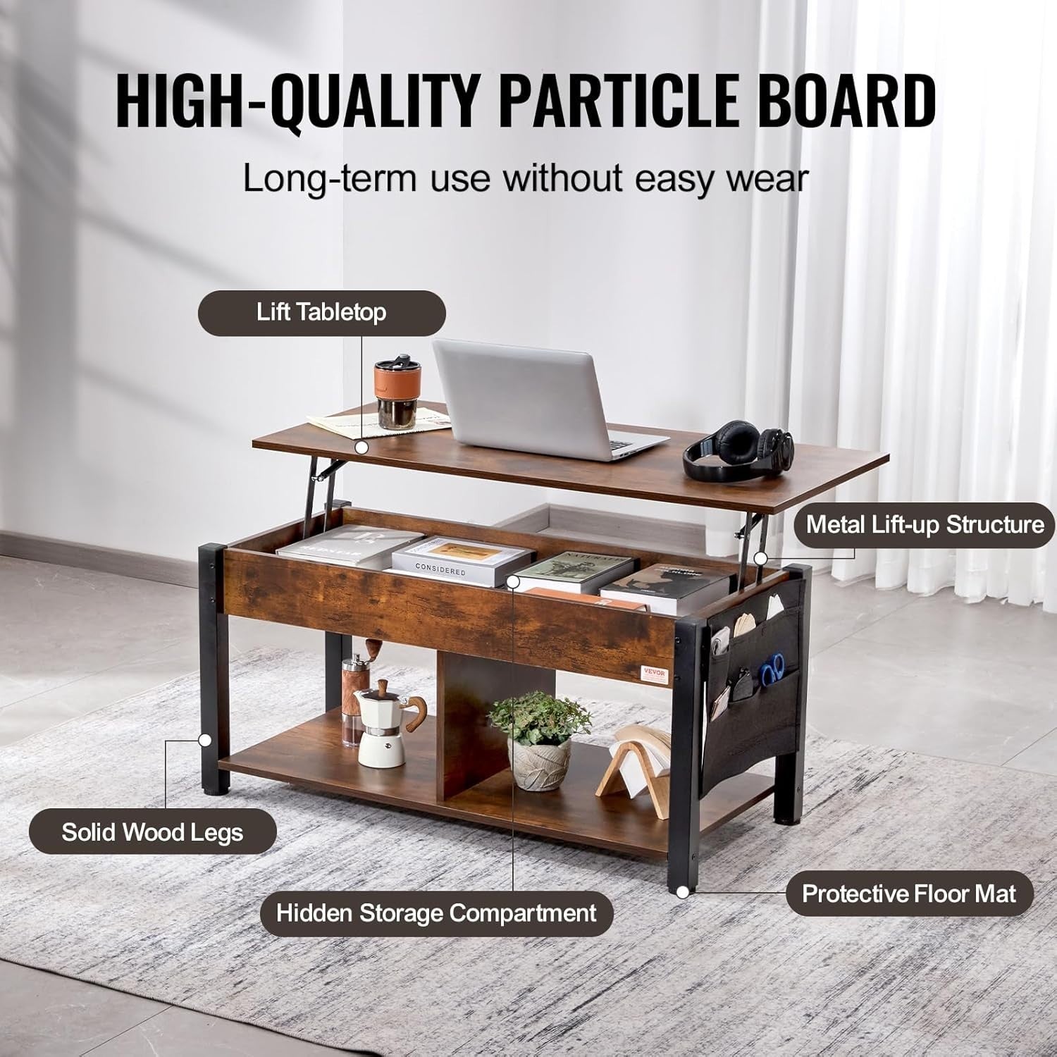 Lift Top Coffee Table with Storage, Adjustable Pop-Up Wood Table 106cm
