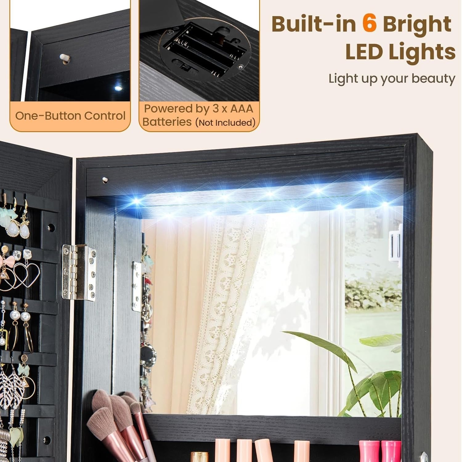 Black 360° Swivel LED Jewelry Cabinet Mirror Lockable Storage with Shelves