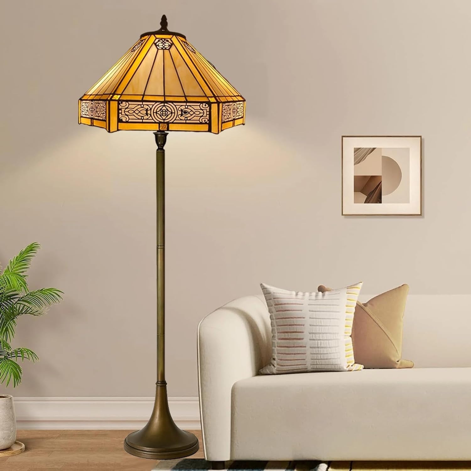 Tiffany Style Floor Lamp Handcrafted Stained Glass 16in Antique Living Room