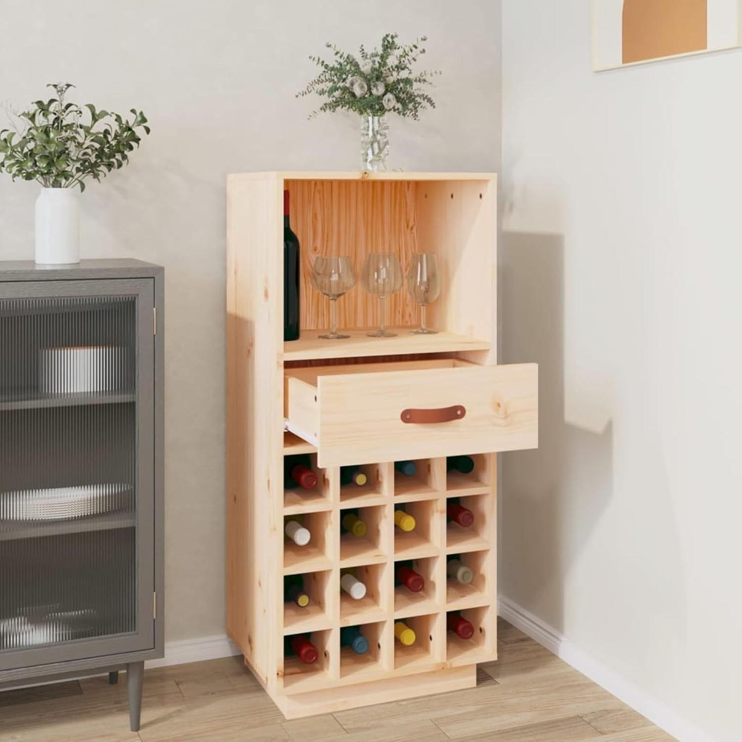 Solid Wood Wine Cabinet with Drawer & 16 Bottle Rack – Home Bar Storage Unit