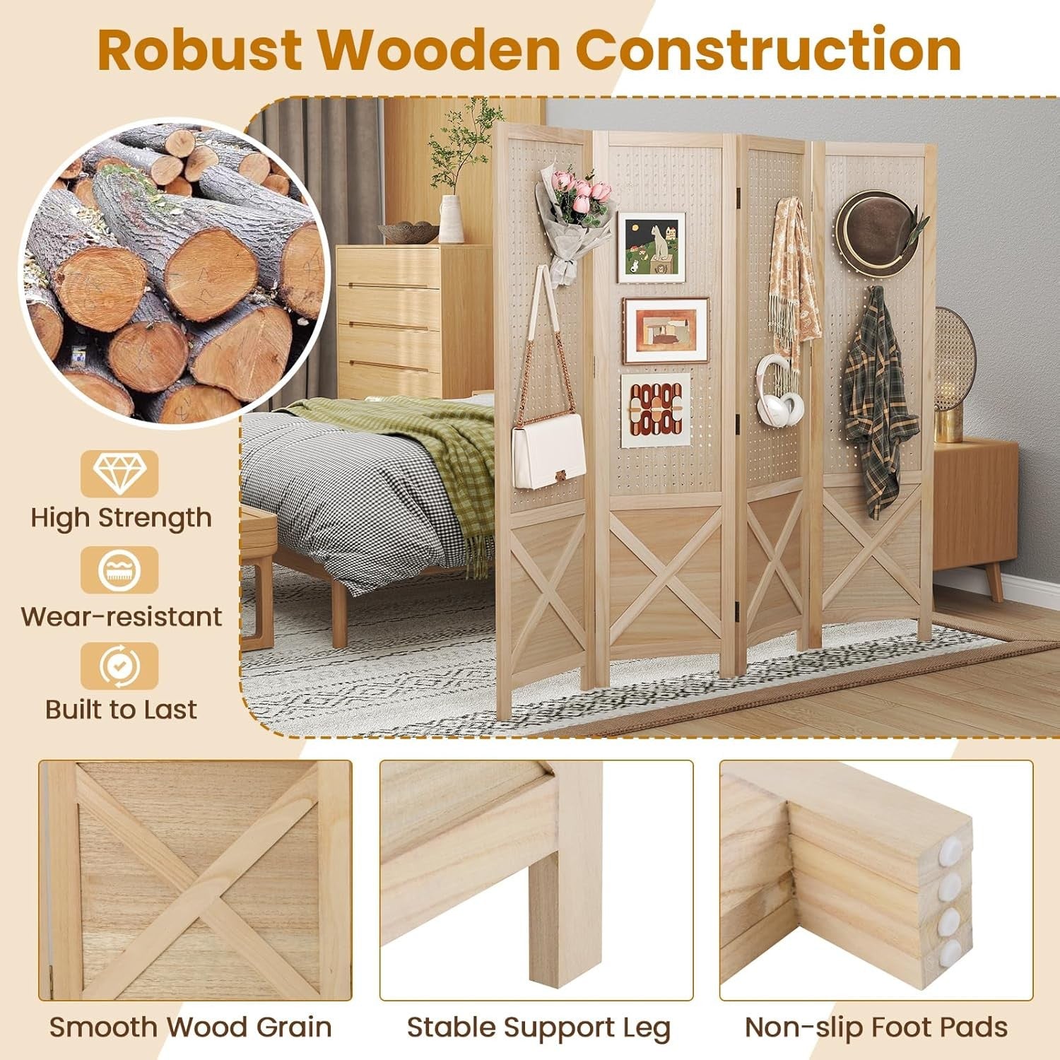 4 Panel Natural Wood Folding Room Divider with Pegboard Display for Home Office