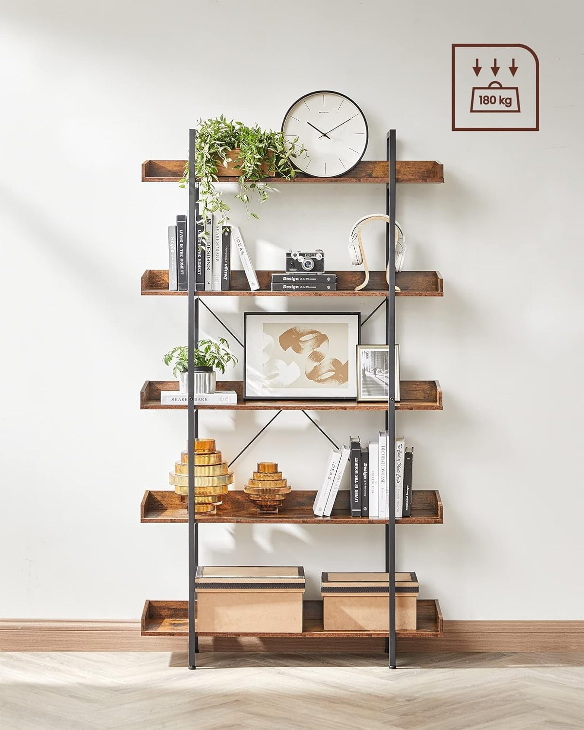 Industrial 5-Tier Bookshelf Rustic Wood Storage Shelving Unit Metal Frame