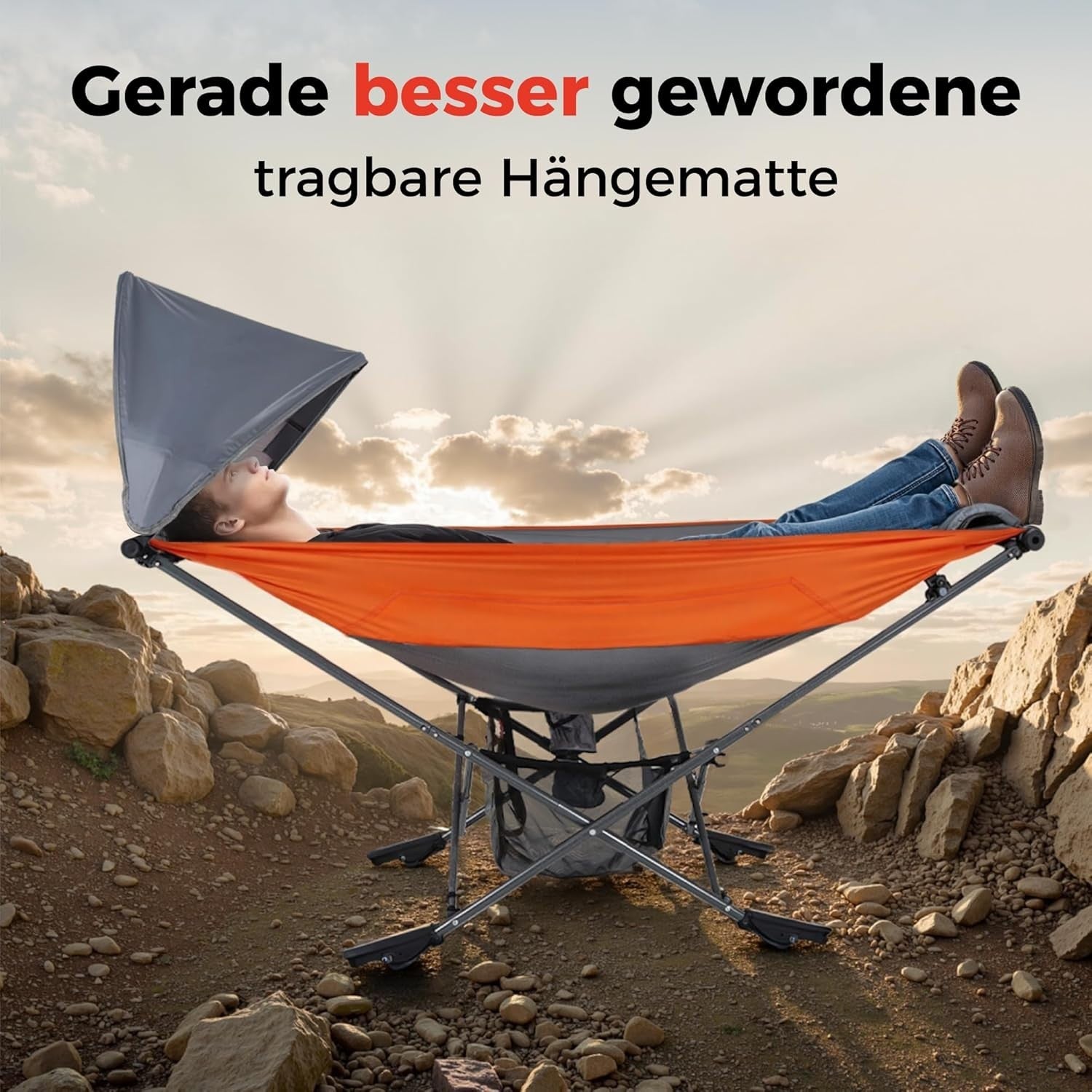 Portable Hammock with Stand & Adjustable Sunshade - 168cm Steel Frame Outdoor