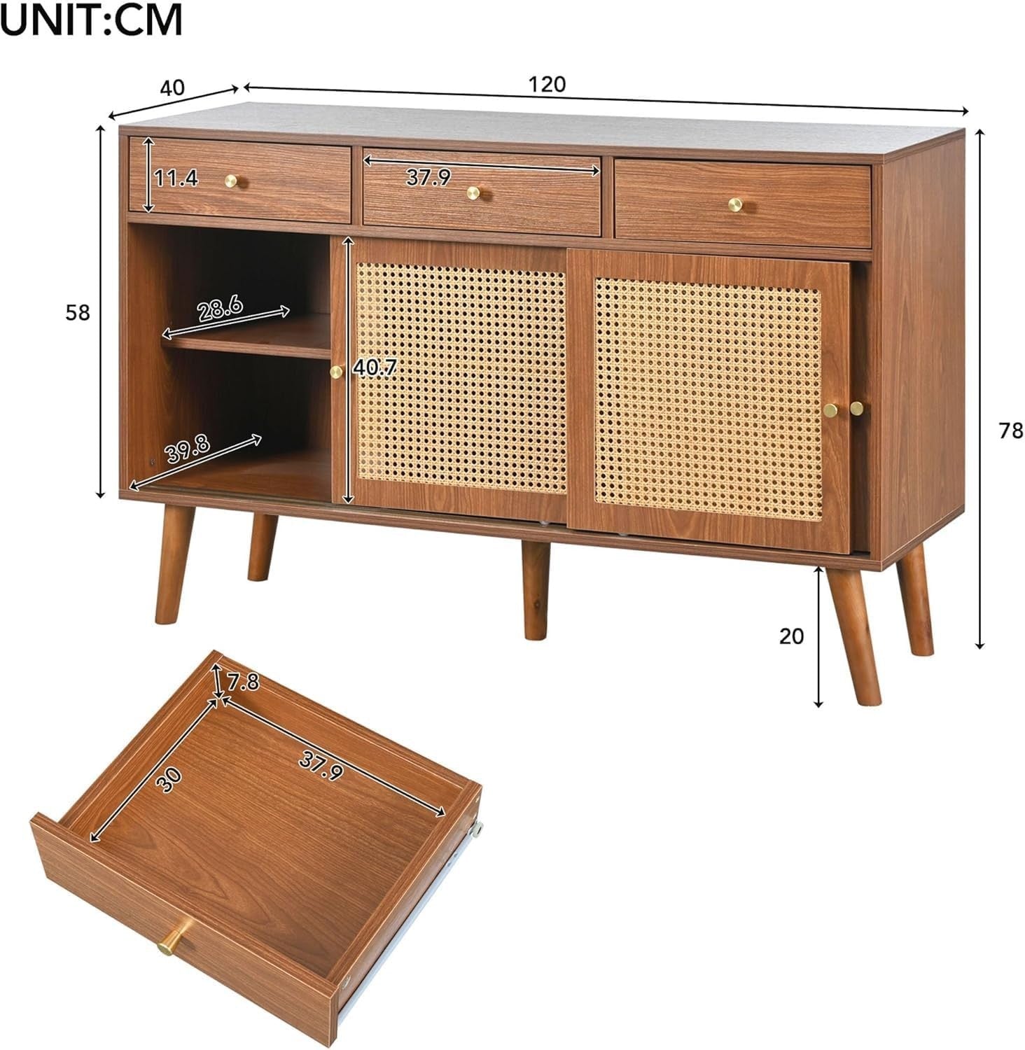 Modern Rattan Sideboard Cabinet 3 Drawers 2 Doors Walnut Storage Unit