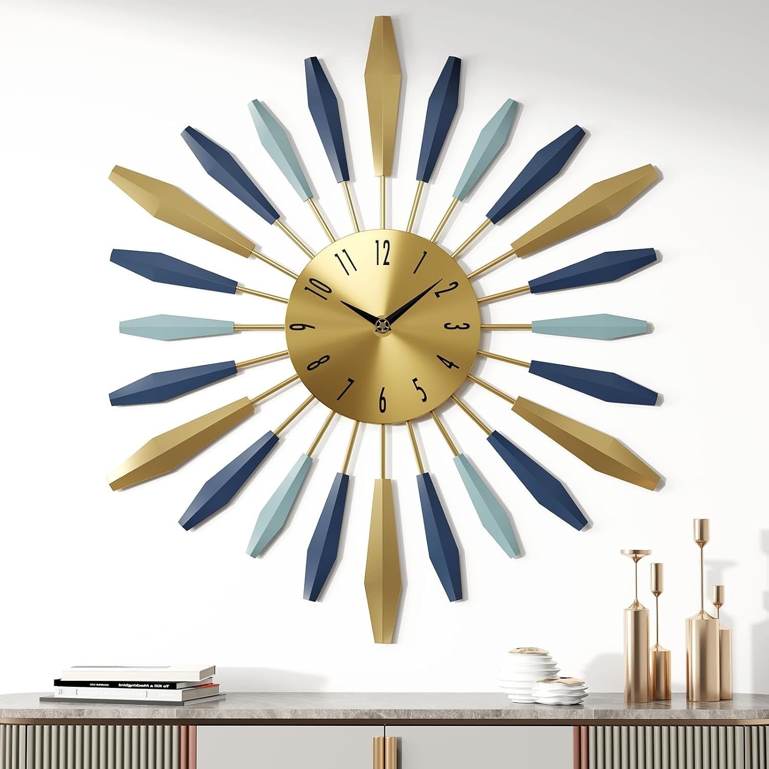 Modern Silent Wall Clock 55cm Large Metal Sunburst Design Home Decor