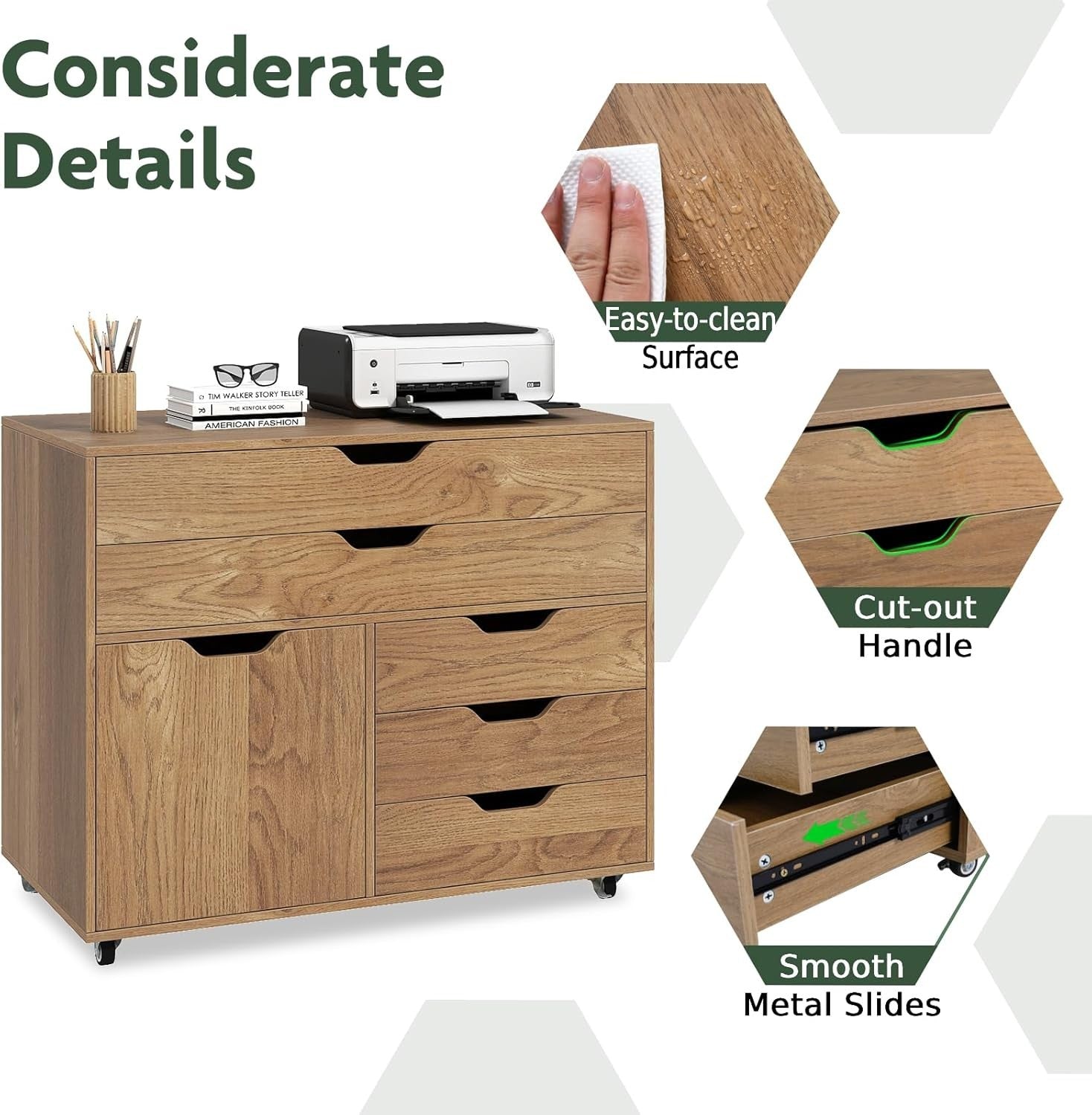 Natural Wood Mobile File Cabinet 77x40x64cm 5 Drawer Printer Stand