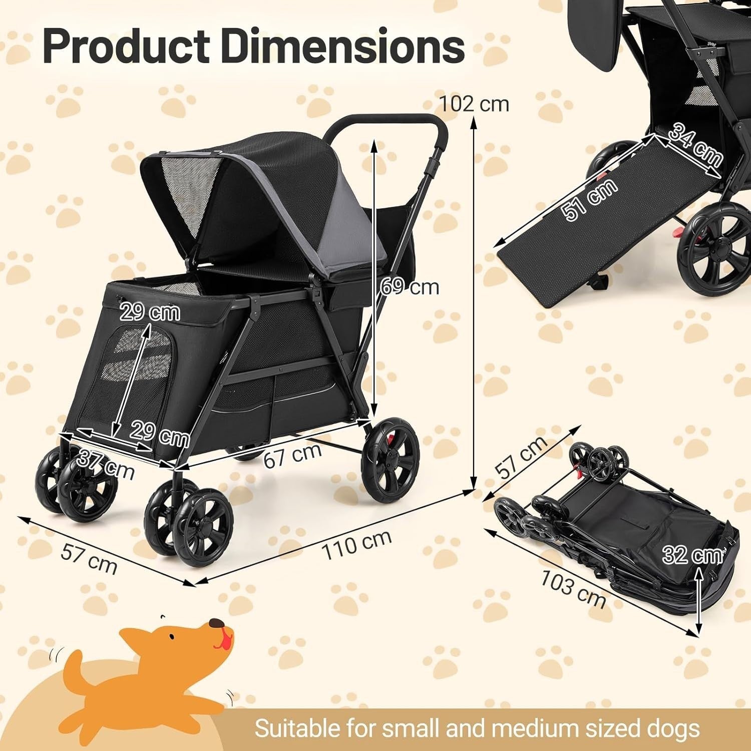 Pet Stroller Foldable Dog Pushchair Cat Pram Ramp Canopy 30kg