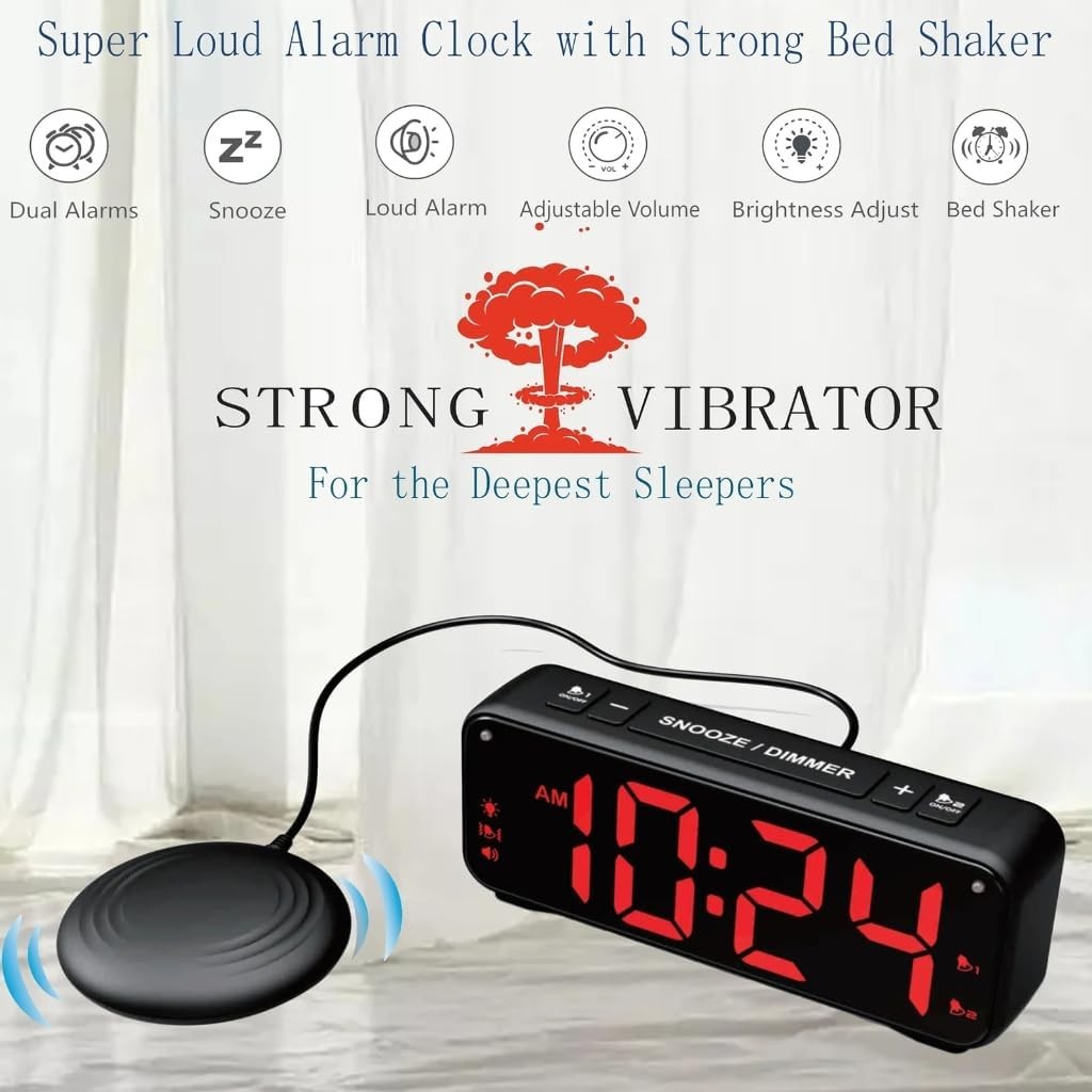 Vibrating Alarm Clock with Bed Shaker USB Charging Extra Loud for Heavy Sleepers