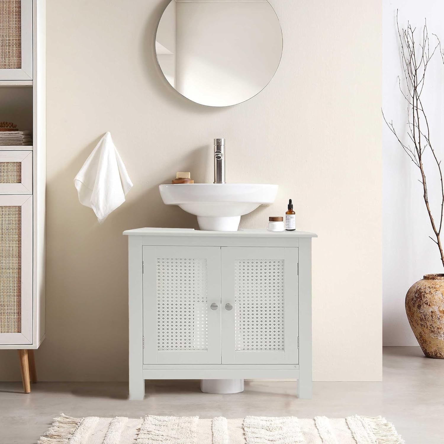 White Under Sink Bathroom Cabinet with Cane Doors & Adjustable Storage Shelf