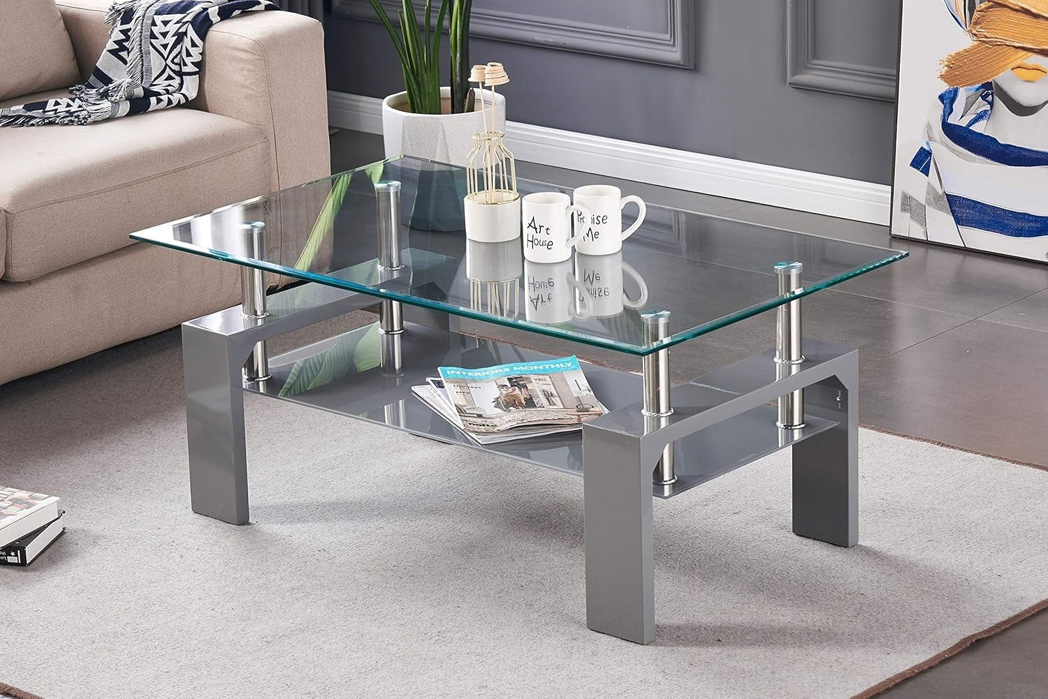 Modern Glass Top Coffee Table with Grey Shelf & High Gloss Legs – 100x60cm