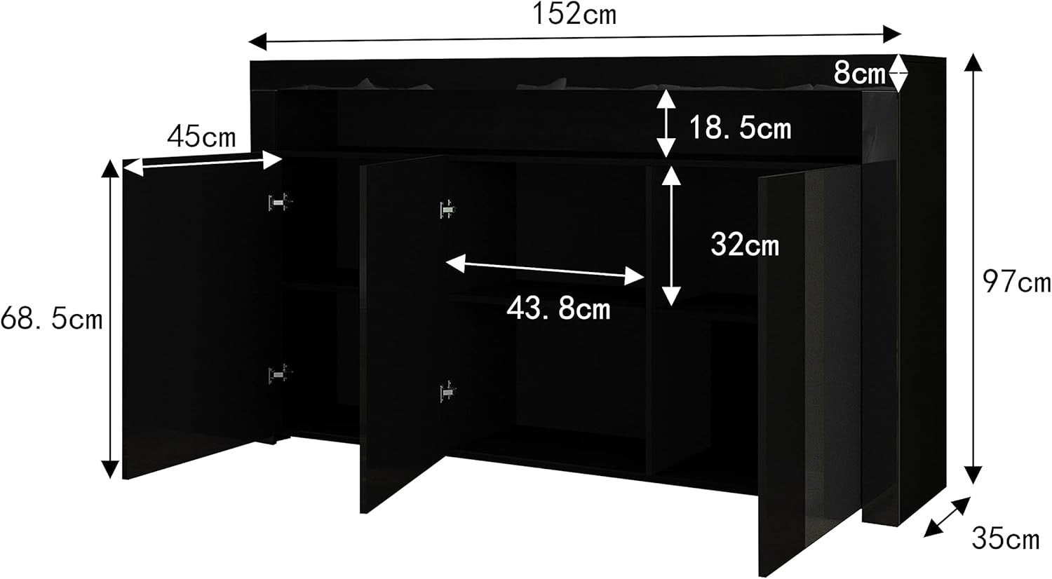 High Gloss Sideboard Cabinet with LED Lights, 3 Doors & Drawers, Modern Black