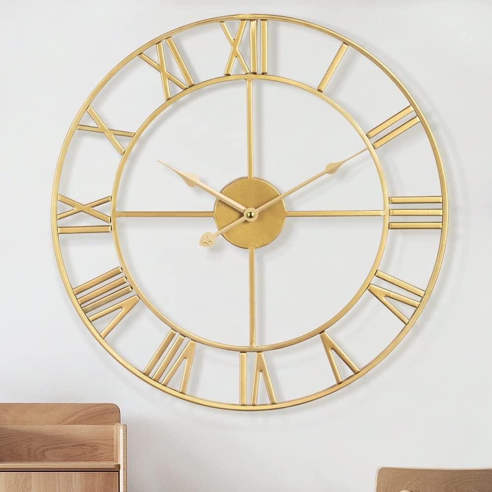 40cm Gold Roman Numeral Wall Clock Metal Silent Quartz Large Modern Decor