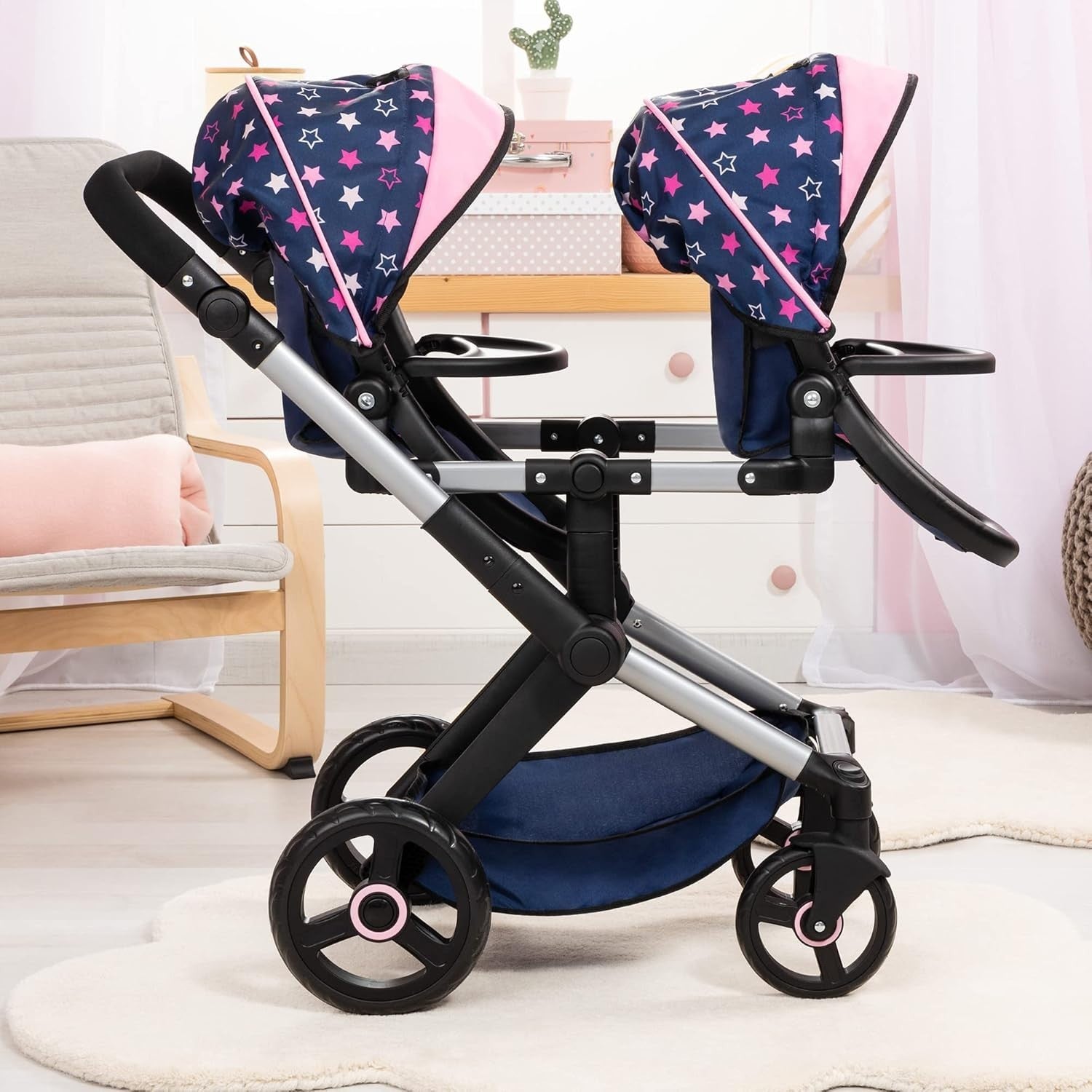 Twin Dolls Pram Double Pushchair Adjustable Handle Reversible Seats