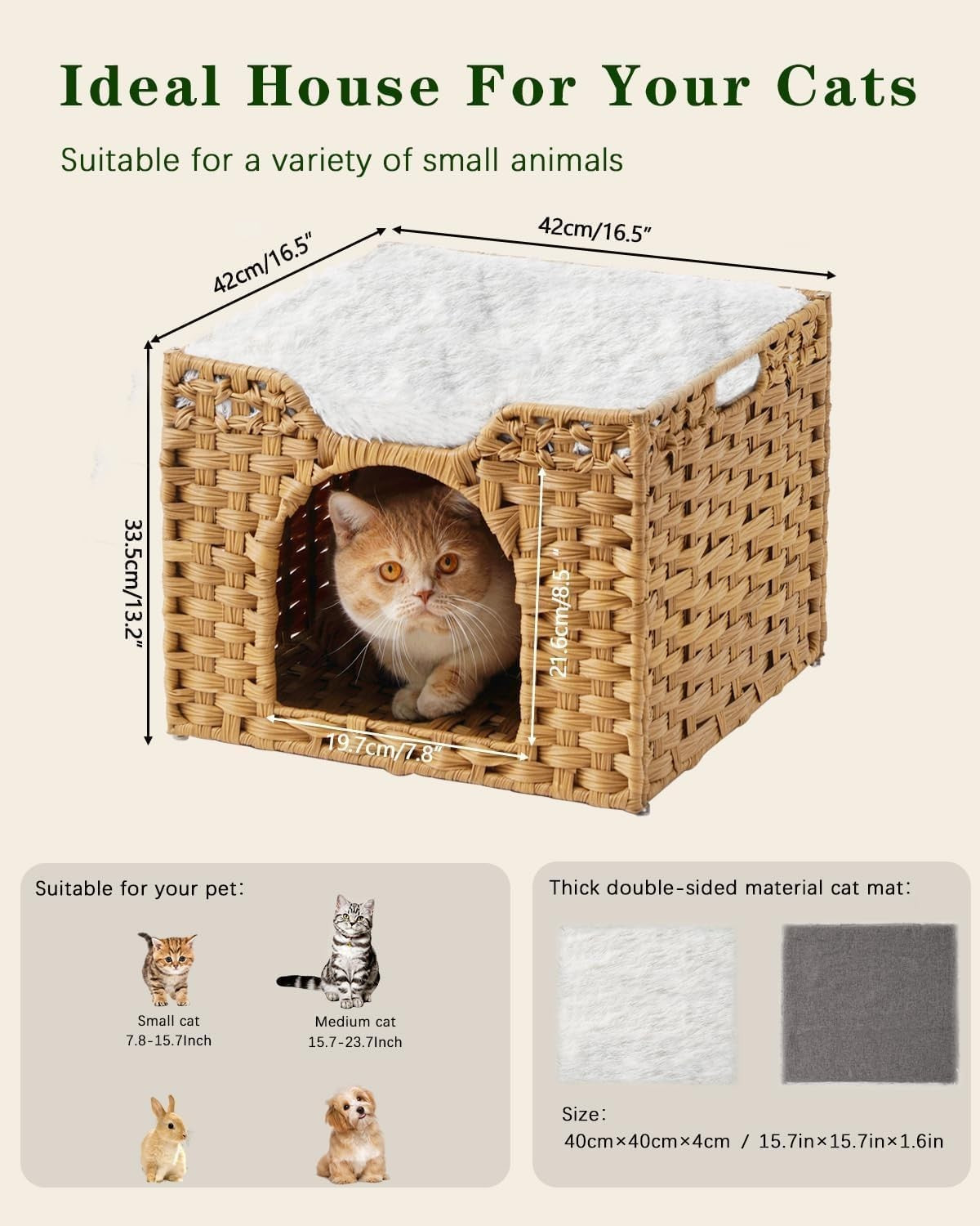 Handwoven Rattan Cat Cave Foldable Indoor Kitten Bed Hideaway Cube