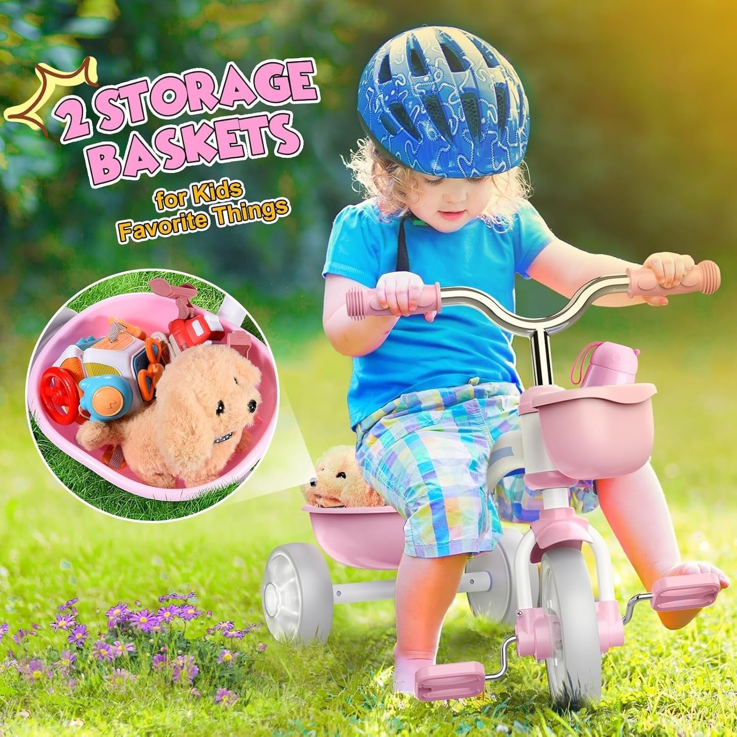 Girls Tricycle Balance Bike LED Light Wheels Adjustable Seat Pink 2-5Y