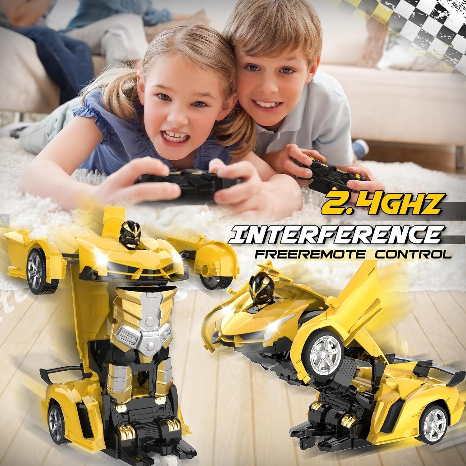 2-in-1 Yellow RC Transforming Robot Car 360° Spin Remote Control Toy for Kids