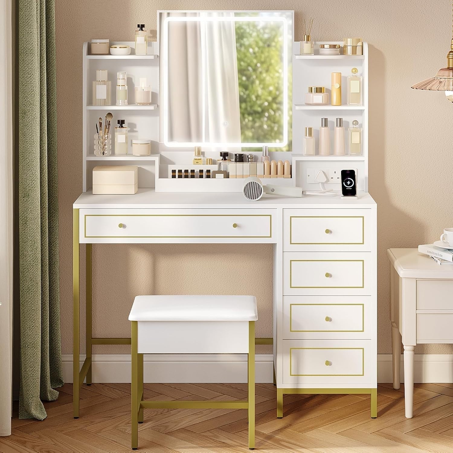 Luxury Dressing Table Vanity Makeup Desk Set w/ LED Mirror, 5 Drawers, Charging