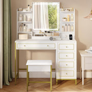 Luxury Dressing Table Vanity Makeup Desk Set w/ LED Mirror, 5 Drawers, Charging