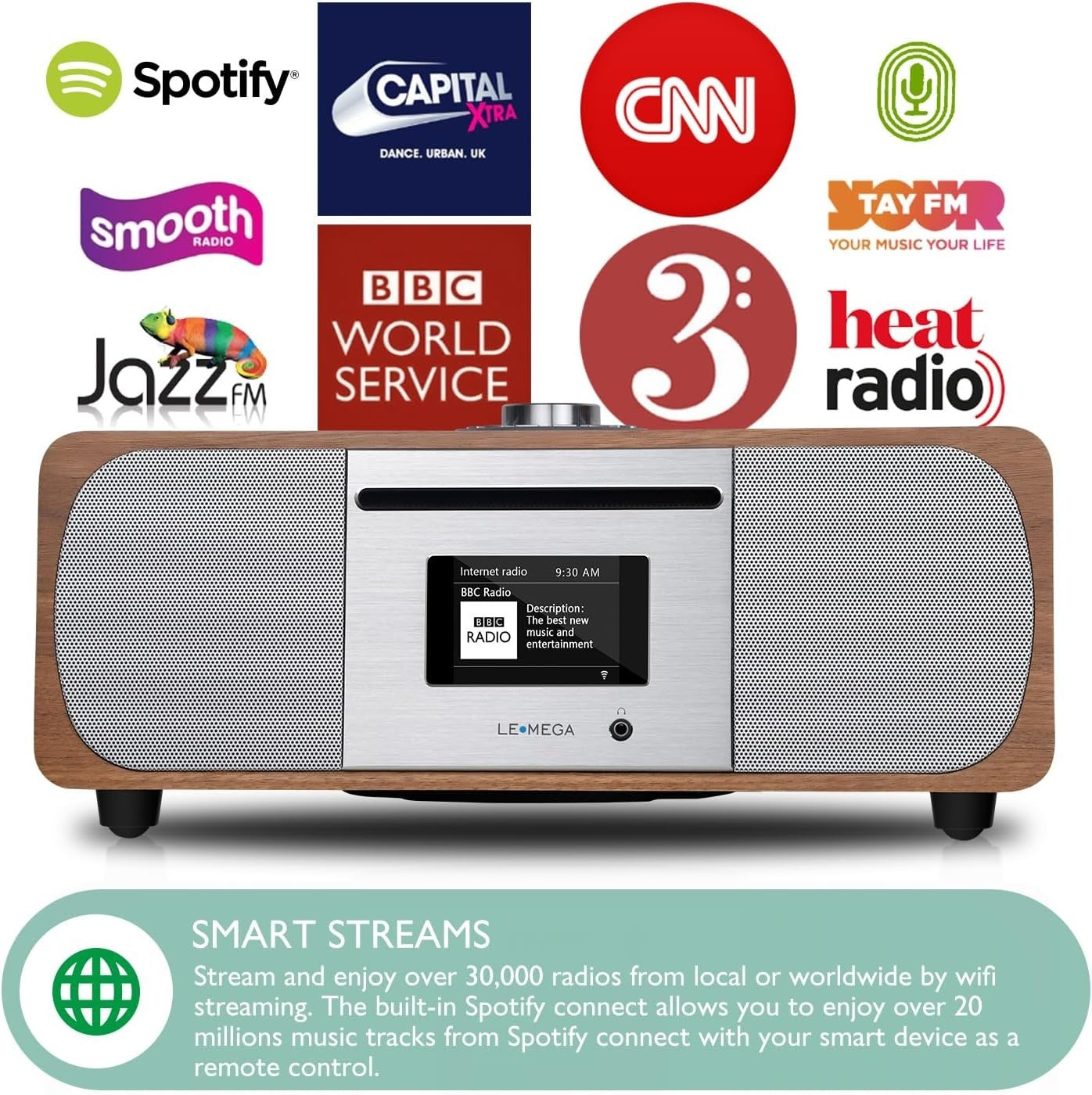 WiFi Internet Radio CD Player DAB+ Bluetooth Hi-Fi 35W Stereo Walnut