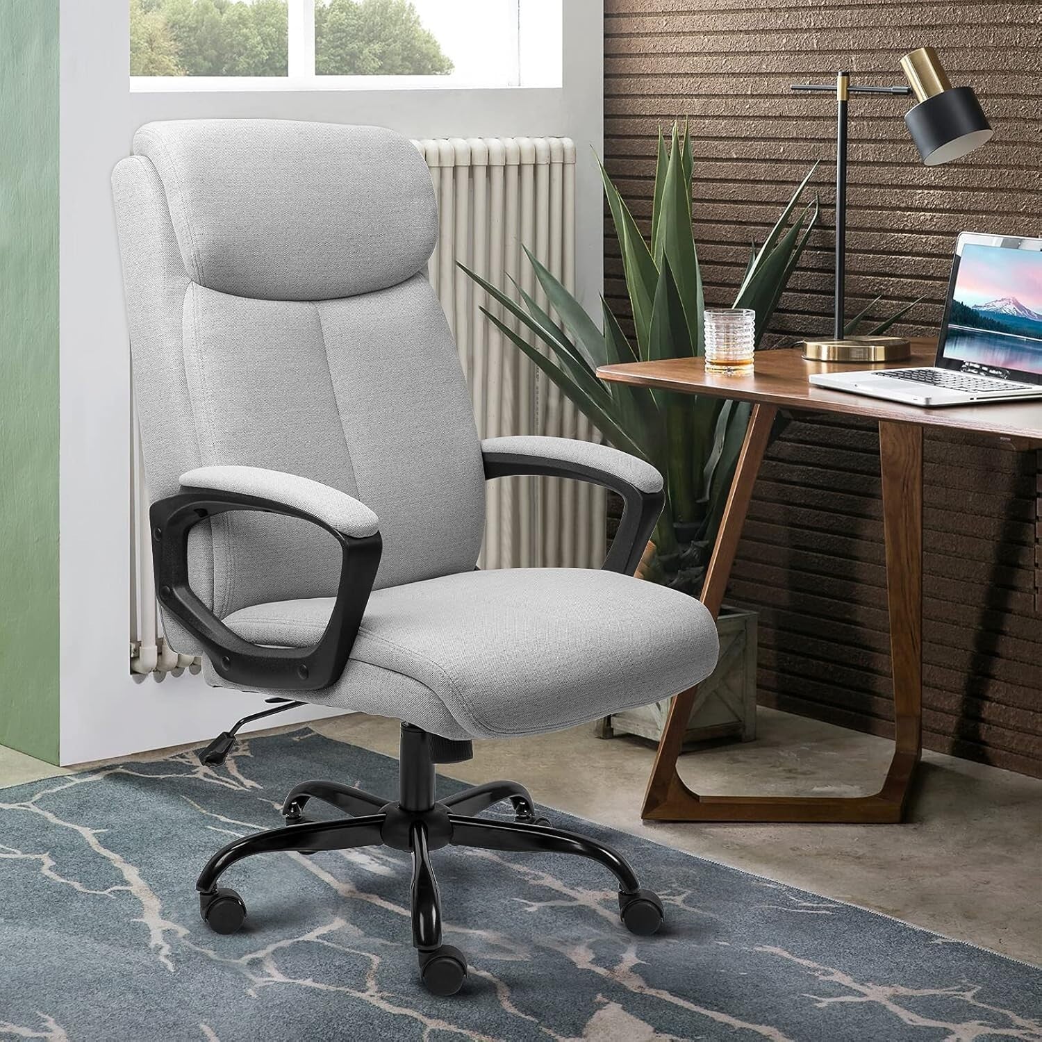 Ergonomic Grey Office Chair Adjustable Lumbar Support Cushion Back Fixed Armrest