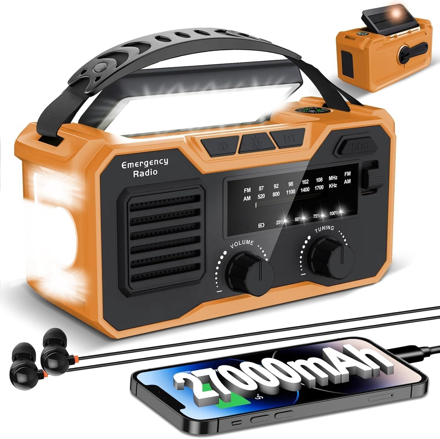 27000mAh Emergency Wind Up Radio, Solar FM/AM, SOS Alarm & Flashlight
