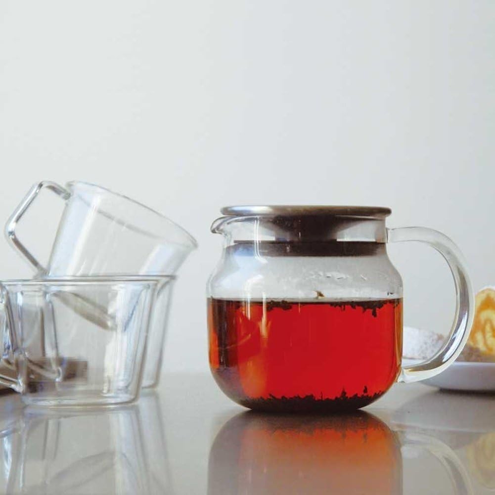 One Touch Glass Teapot 450ml Stainless Steel Infuser Dishwasher Safe