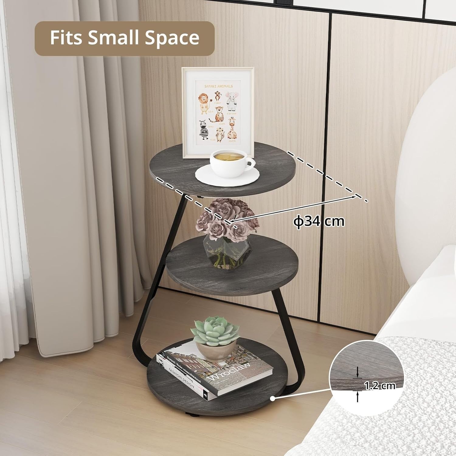 LED Bedside Side Table Grey – 3-Tier Round End Table with Storage & Lights