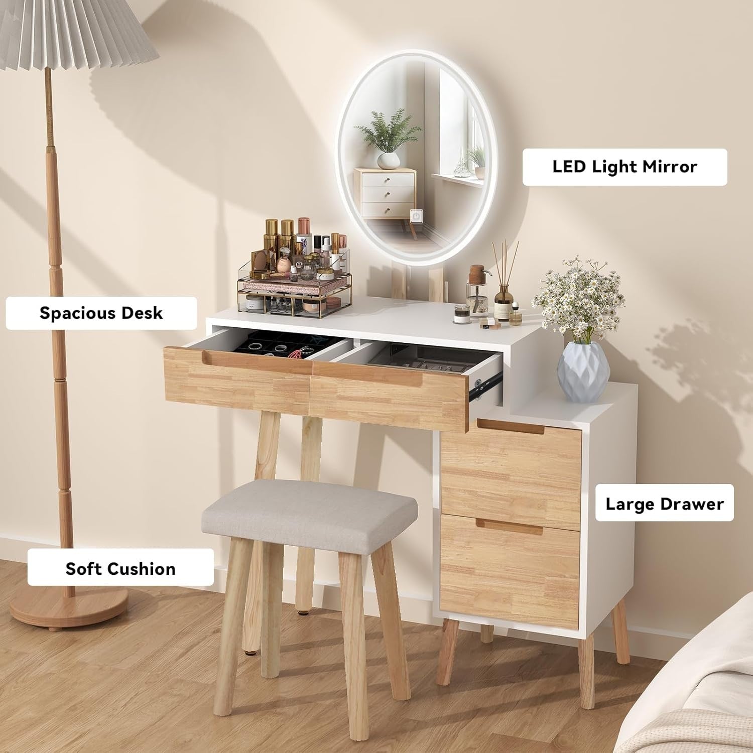 Rosewood Vanity Table Set Oval Mirror 3 Light Modes Makeup Desk 2 Drawers