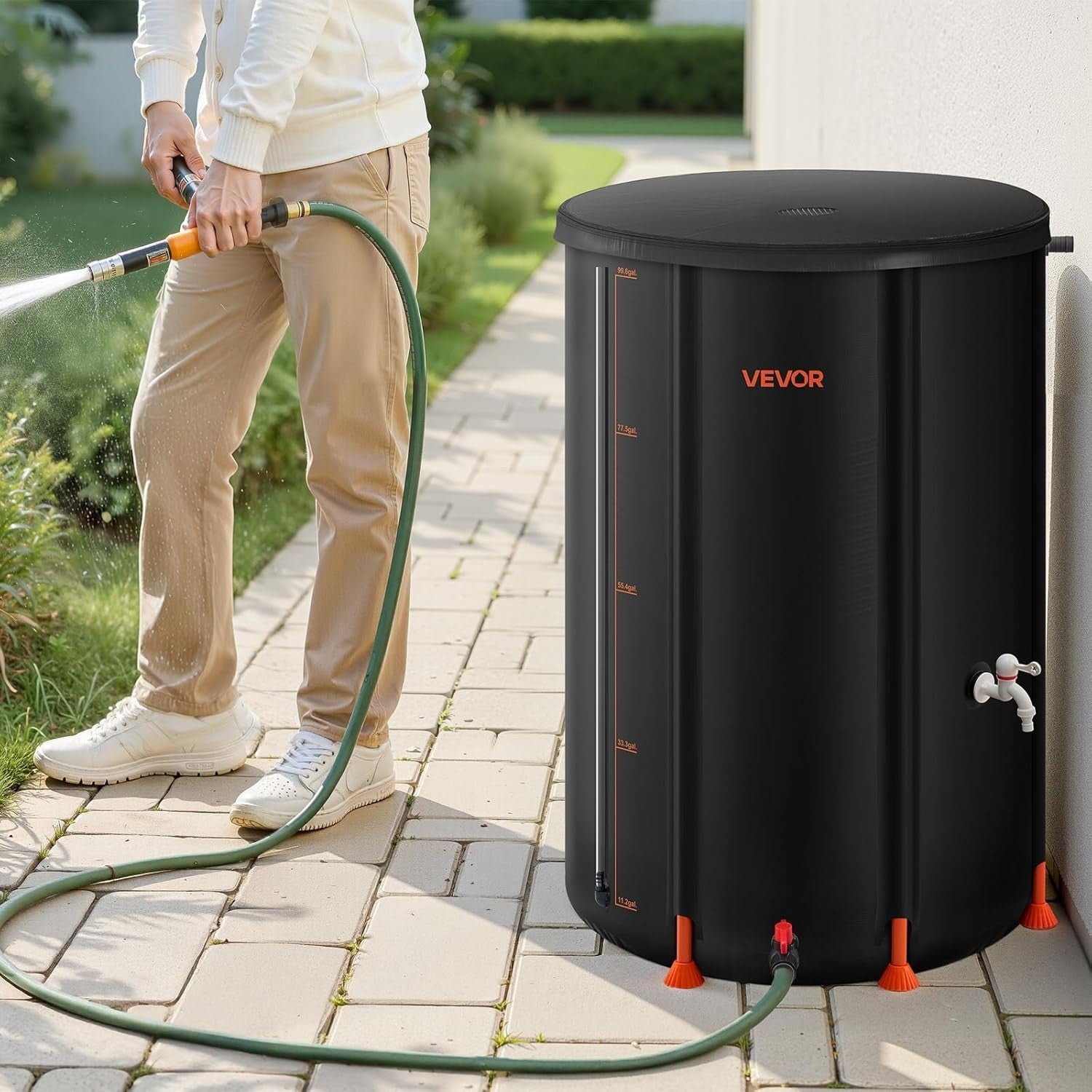 380L Collapsible Rain Barrel With Spigot Overflow Kit Black Garden Water Catcher