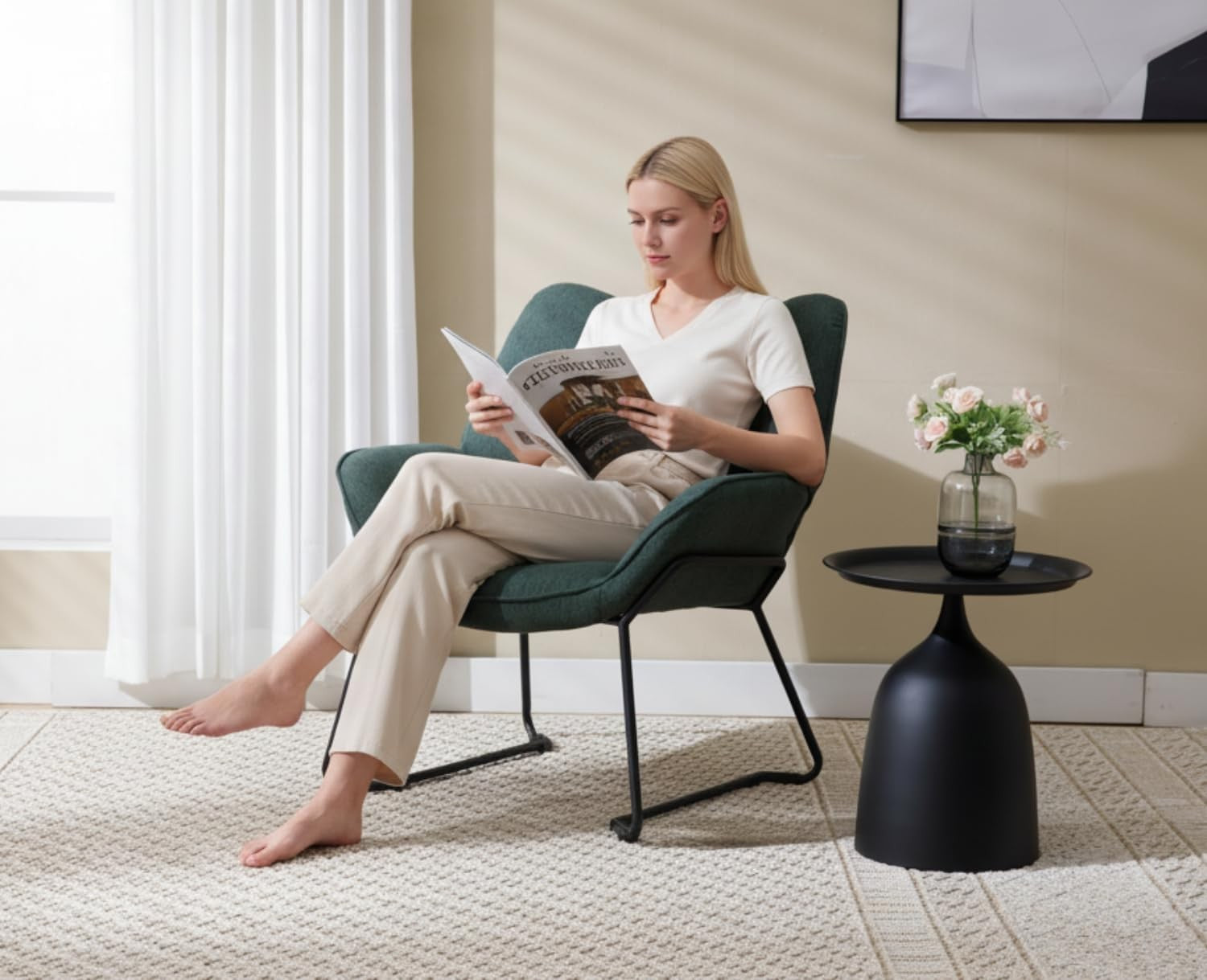 Modern Linen Upholstered Armchair Green Occasional Tub Chair with Metal Legs